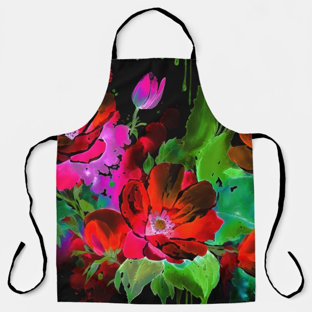 Tablier Aquarelle Peinture de fleurs rouges sur noir (Recto)