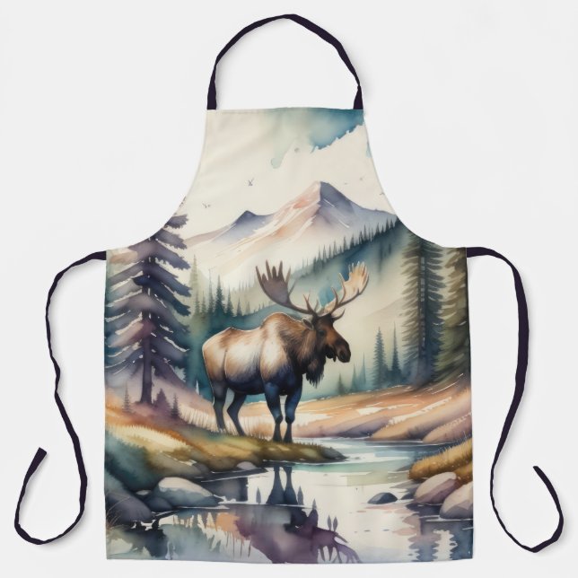Tablier Aquarelle Peinture de l'orignal en forêt (Recto)