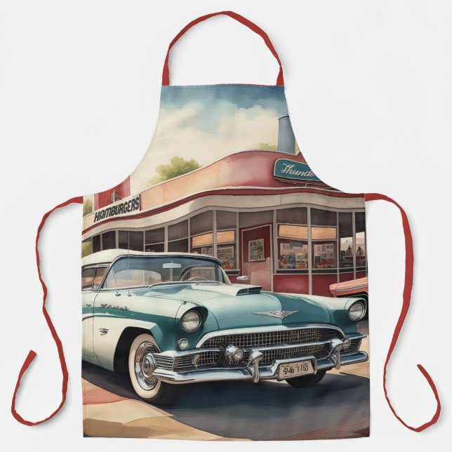 Tablier Aquarelle Peinture de voiture et de dîner d'époque (Recto)