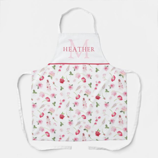 Tablier Aquarelle rose Fille Motif Floral Monogramme (Recto)