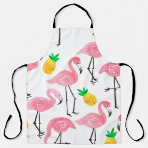 Tablier Aquarelle rose flamant rose et ananas jaune