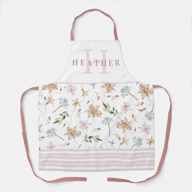 Tablier Aquarelle rose pâle Ressort Floral Monogramme (Recto)