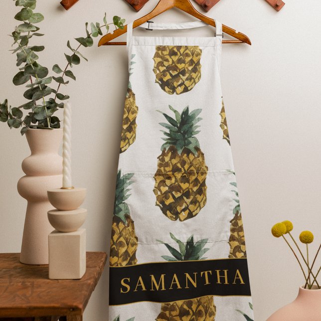 Tablier Aquarelle tropicale Motif ananas avec nom (Créateur téléchargé)