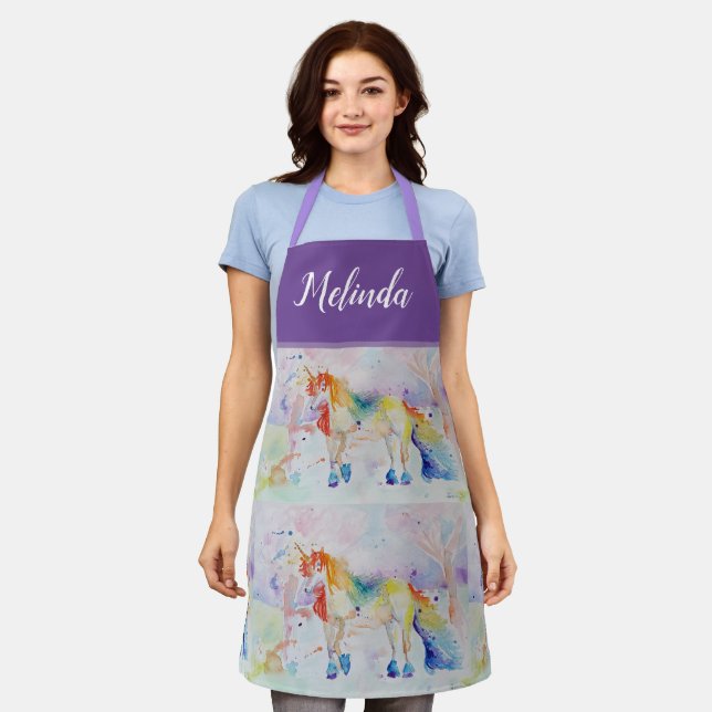 Tablier Aquarelle Unicorne Peinture Purple Womans Apron (Porté)