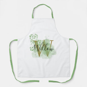 Tablier Aquarelle verte personnalisée et initiale florale