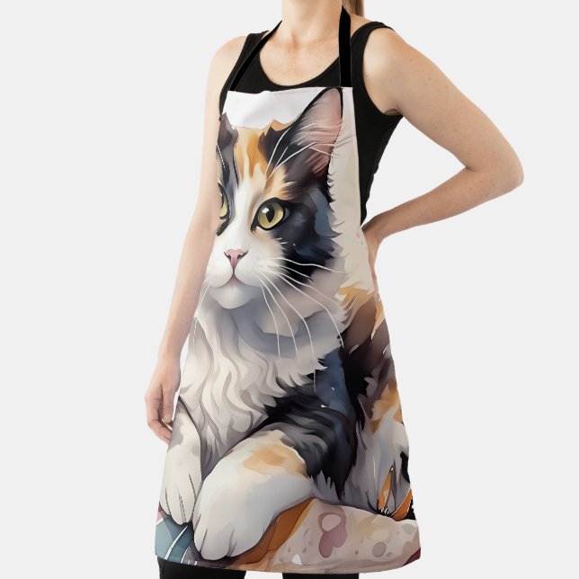 Tablier Aquarelle Whimsical Calico Chat et Papillons (Insitu)