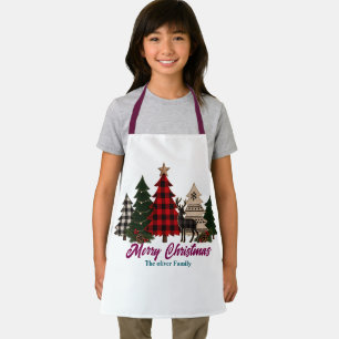 Tablier Arbres de Noël rustiques à carreaux Famille Renne 