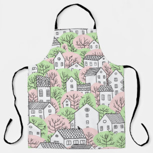 Tablier Arbres et maisons sans couture motif. Printemps et