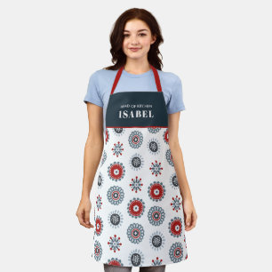 Tablier Art populaire nordique Fleurs bleues rouges Noël