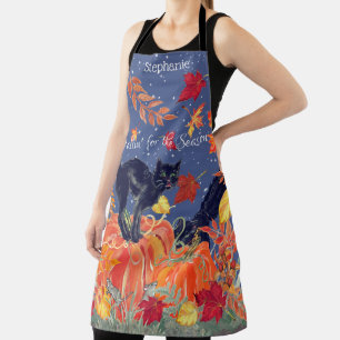 Tablier Automne Chat noir Feuille Citrouille Custom Hallow