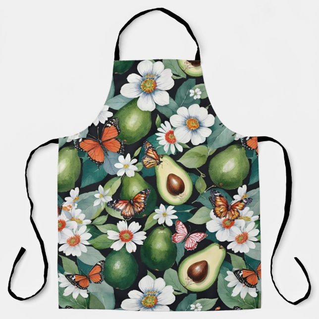 Tablier Avocados Floral aux papillons Noir (Recto)