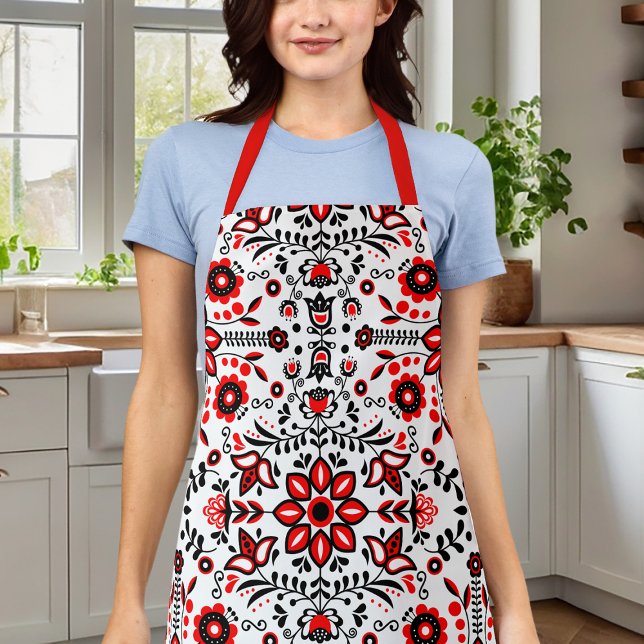 Tablier Bandanna Scandinave Mignonne Noir Et Rouge Floral (Créateur téléchargé)