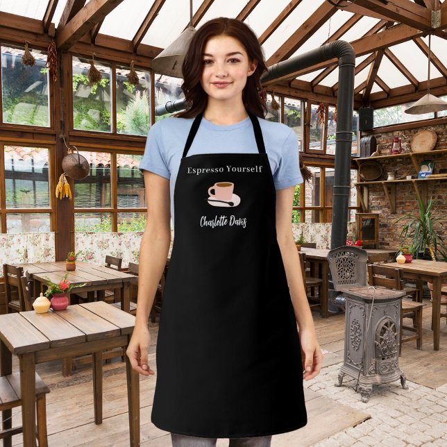 Tablier Barista noir blanc tasse café nom citation (Créateur téléchargé)