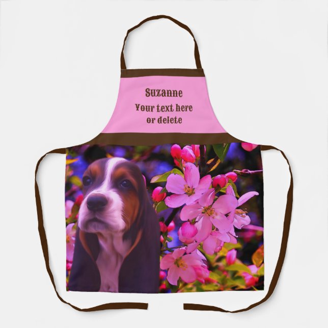 Tablier Basset Hound Fleurs de marionnettes personnalisées (Recto)