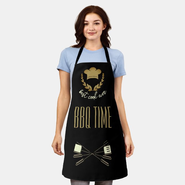 Tablier BBQ Noir & Or Temps Meilleur Cuisson Jamais Apron (Porté)