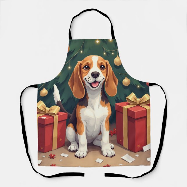 Tablier Beagle Christmas Morning Gift-Unboxing Painting (Recto)