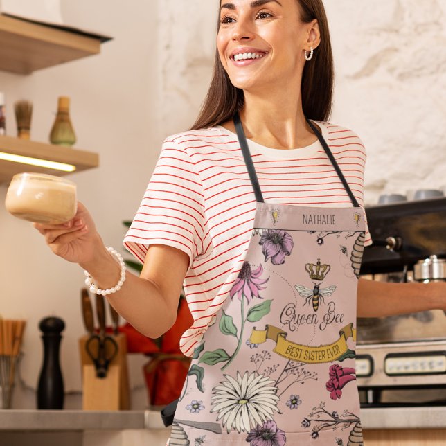 Tablier Beau Rose Or et Black Queen Bee & Foliage (Pretty Hand-drawn Queen Bee Custom Name & Message.
Custom Strap Color.)