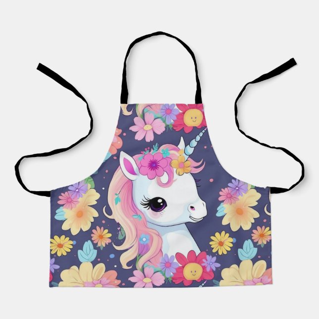 Tablier Bébé blanc adorable licorne avec fleurs (Recto)