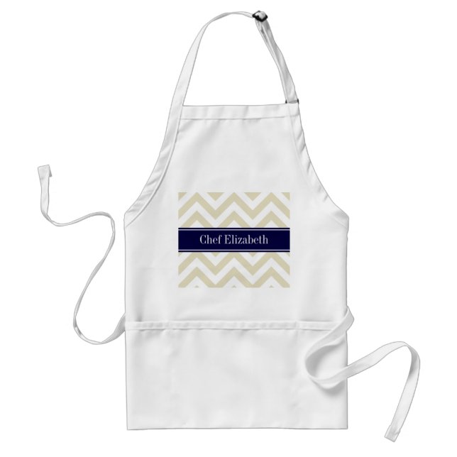 Tablier Beige Lg Chevron Marine Nom bleu Monogramme (Devant)
