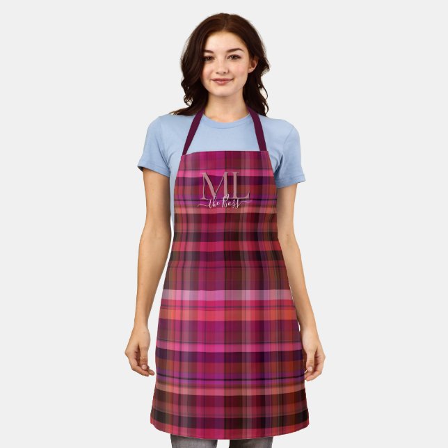 Tablier Belle plaid écossais rose bordeaux rouge violet (Porté)
