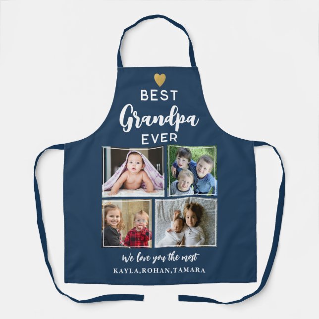 Tablier Best Grandpa Ever 4 Photo Collage Gold Navy Blue (Recto)