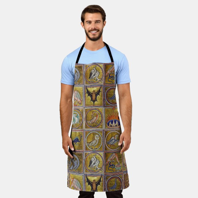 TABLIER BESTIAIRE MÉDIÉVAL, ANIMAUX FANTASTIQUES, ROUGE D' (Porté)