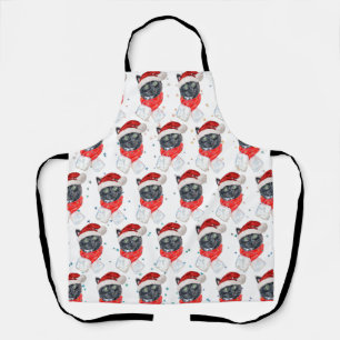 Tablier Black Cat Watercolor with Christmas Scarf