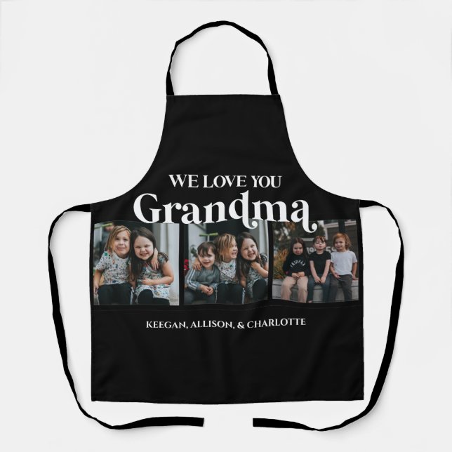 Tablier Black Minimal Retro We Love You Grandma 3 Picture (Recto)