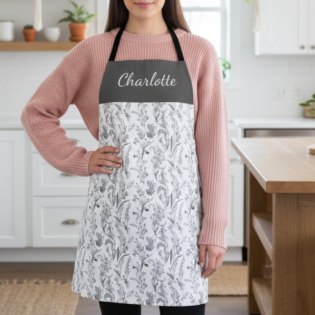 Tablier Black White Toile Floral Custom Name (black and white minimalist toile chinoiserie pattern apron with custom name)