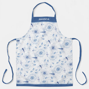 Tablier Bleu Chinoisiere libellules et fleurs