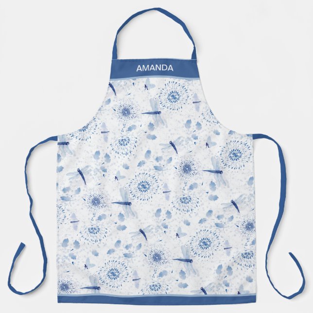Tablier Bleu Chinoisiere libellules et fleurs (Recto)