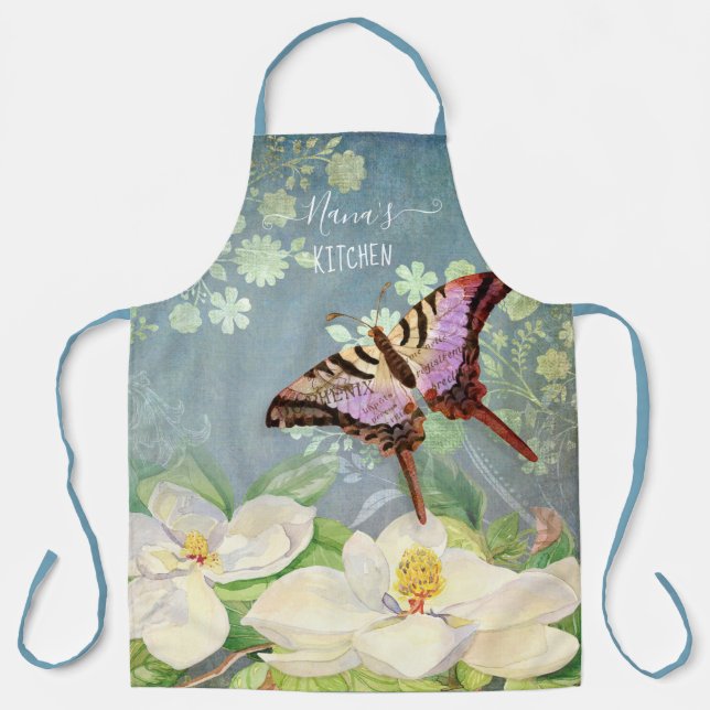 Tablier Bleu et blanc Aquarelle Magnolia (Recto)