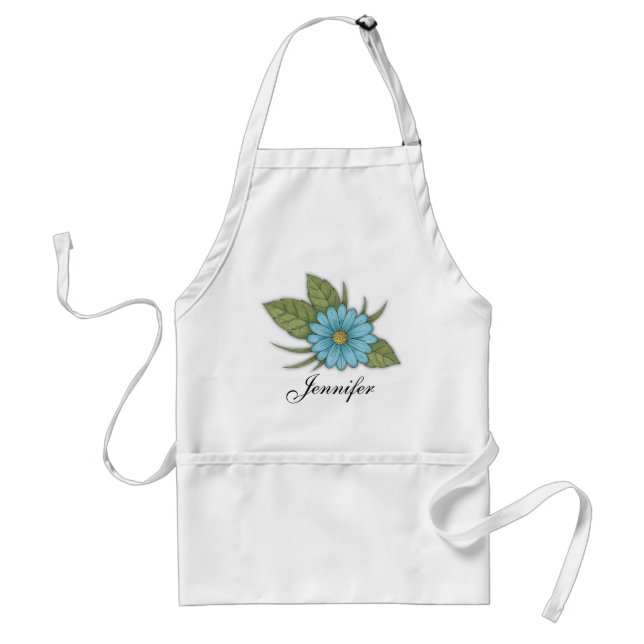 Tablier Bleu marguerite avec nom (Devant)