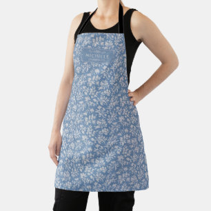 Tablier Bleu Pâle et Motif Floral Bohème Gris Blanc