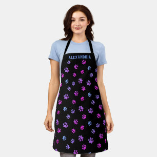 Tablier Bleu rose violet Empreintes de pattes Motif noir p