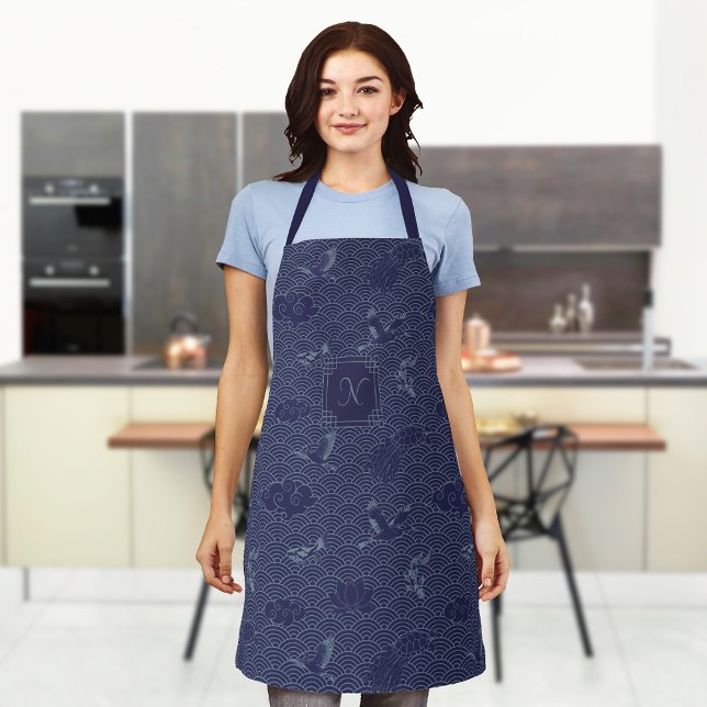 Tablier Bleu traditionnel japonais Vague Seigaiha Monogram (Créateur téléchargé)