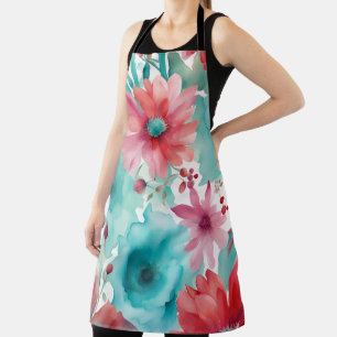 Tablier bleu turquoise Aquarelle rouge Fleurs de printemps