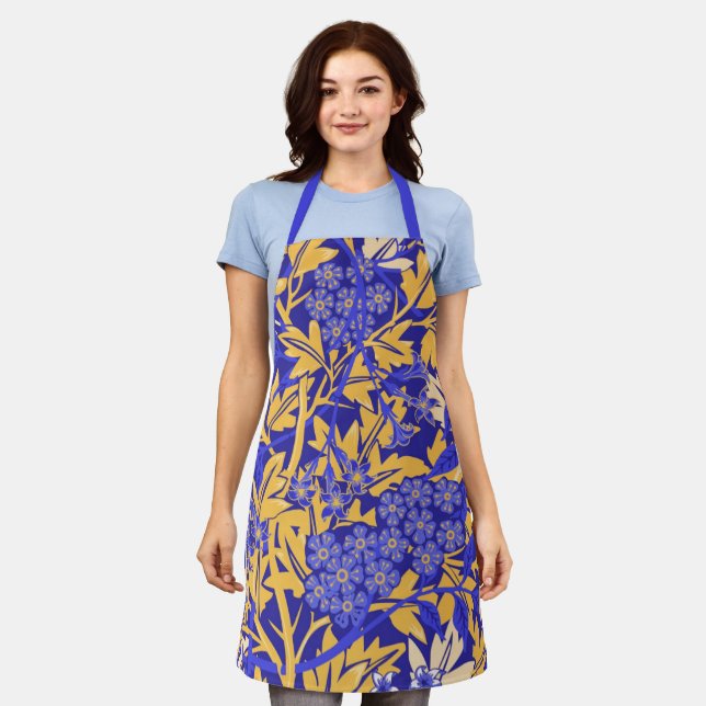 Tablier Bleu vif ornemental et jaune or (Porté)