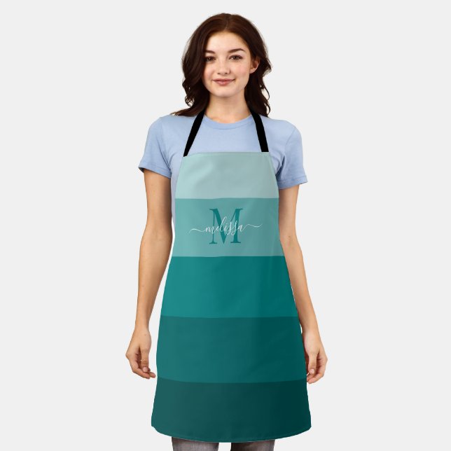 Tablier Bloc couleur bleu turquoise Monogramme Nom du styl (Porté)
