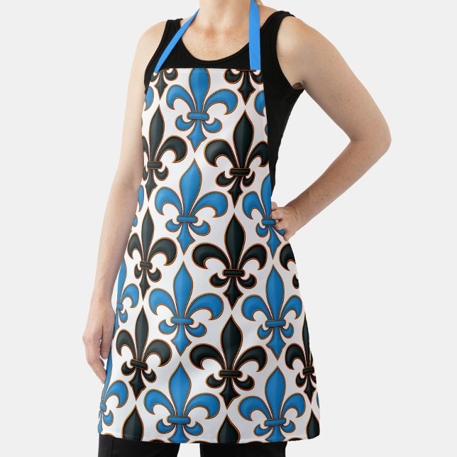 Tablier Blue Black Baroque Fleur-de-lis Pattern Design  (Créateur téléchargé)