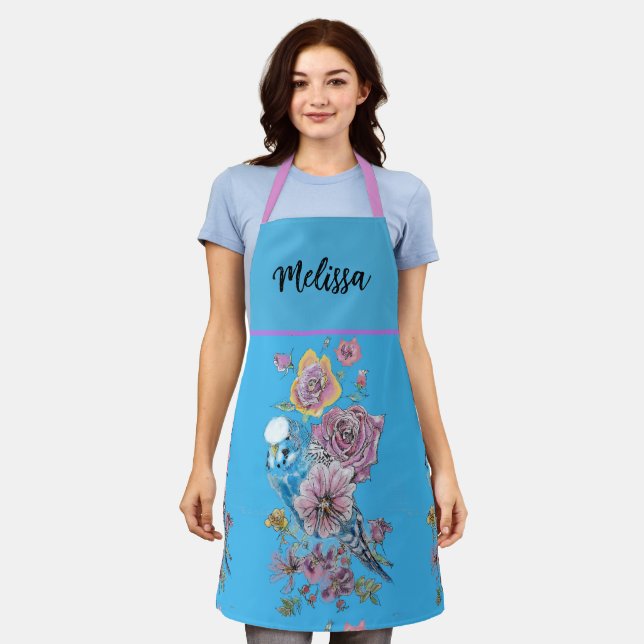 Tablier Blue Budgie Budgies Art Watercolor Birds Apron (Porté)