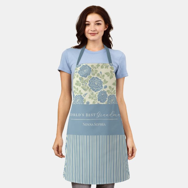 Tablier Blue Green Floral Block Print Stripe (Porté)
