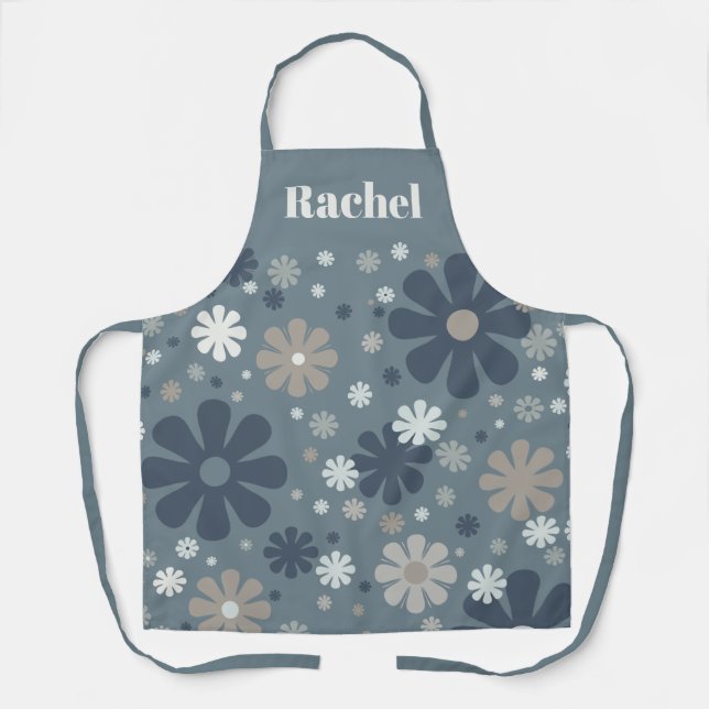 Tablier Blue Grey Retro Floral Motif personnalisé (Recto)