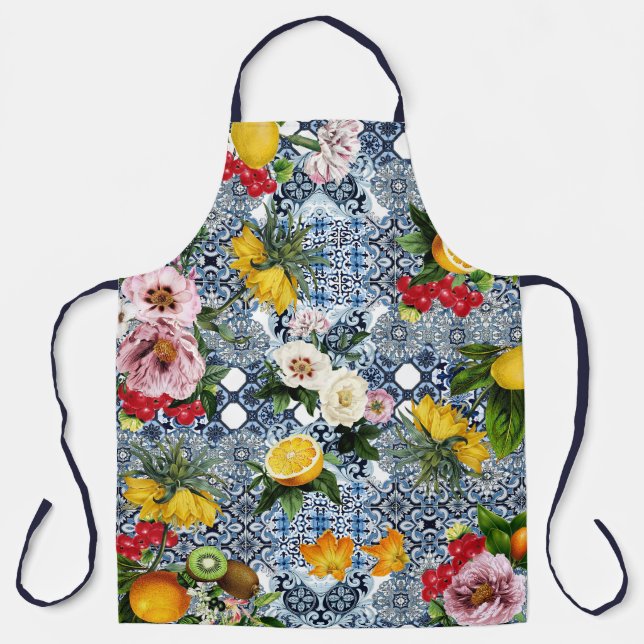 Tablier Blue tiles Mediterranean Floral  (Recto)