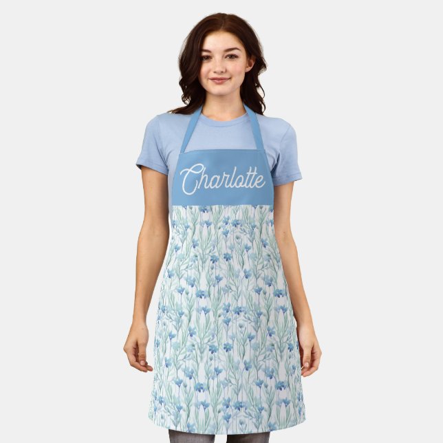 Tablier Blue watercolor wildflowers custom name apron (Porté)