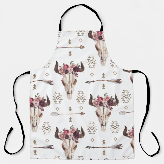 Tablier Boho aquarelle : flèches, motif crâne. (Recto)