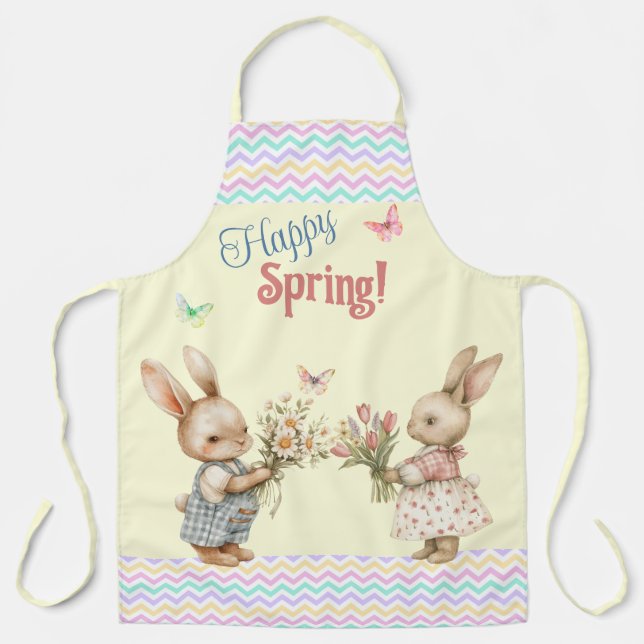 Tablier Bon Printemps ! Lapin lapin et Fleurs (Recto)
