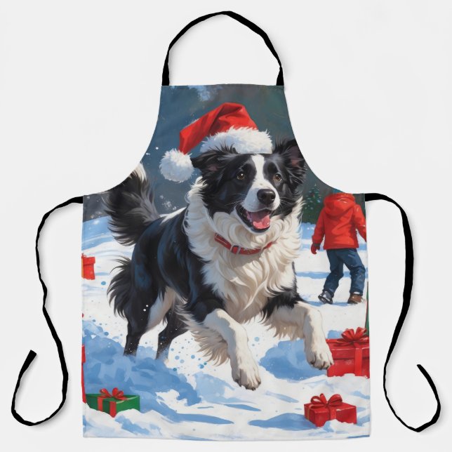 Tablier Bordure Collie Noël Festive Scène de neige (Recto)