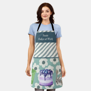 Tablier Boulangerie au travail Turquoises rayures et fleur