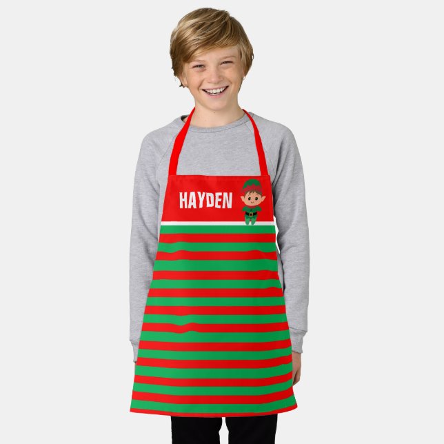 Tablier Bright Red and Green Elf Striped Personalised (Porté)